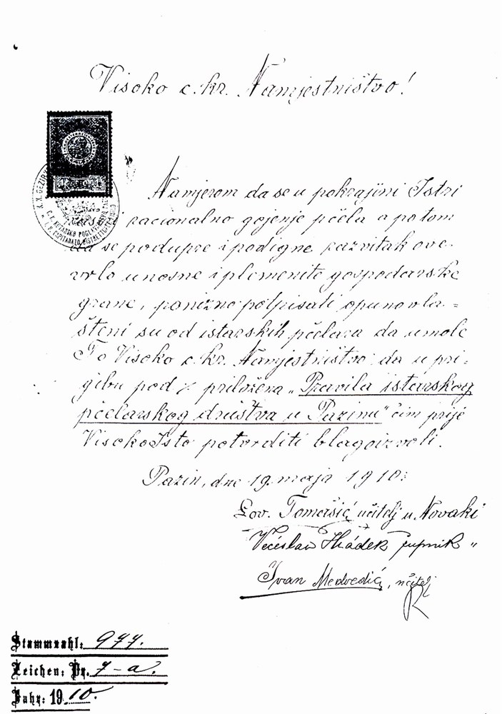 Pismo Lovre Tomašića Visokom carsko-kraljevskom namjesništvu kojim traži osnivanje Istarskog pčelarskog društva (M. RIMANIĆ)